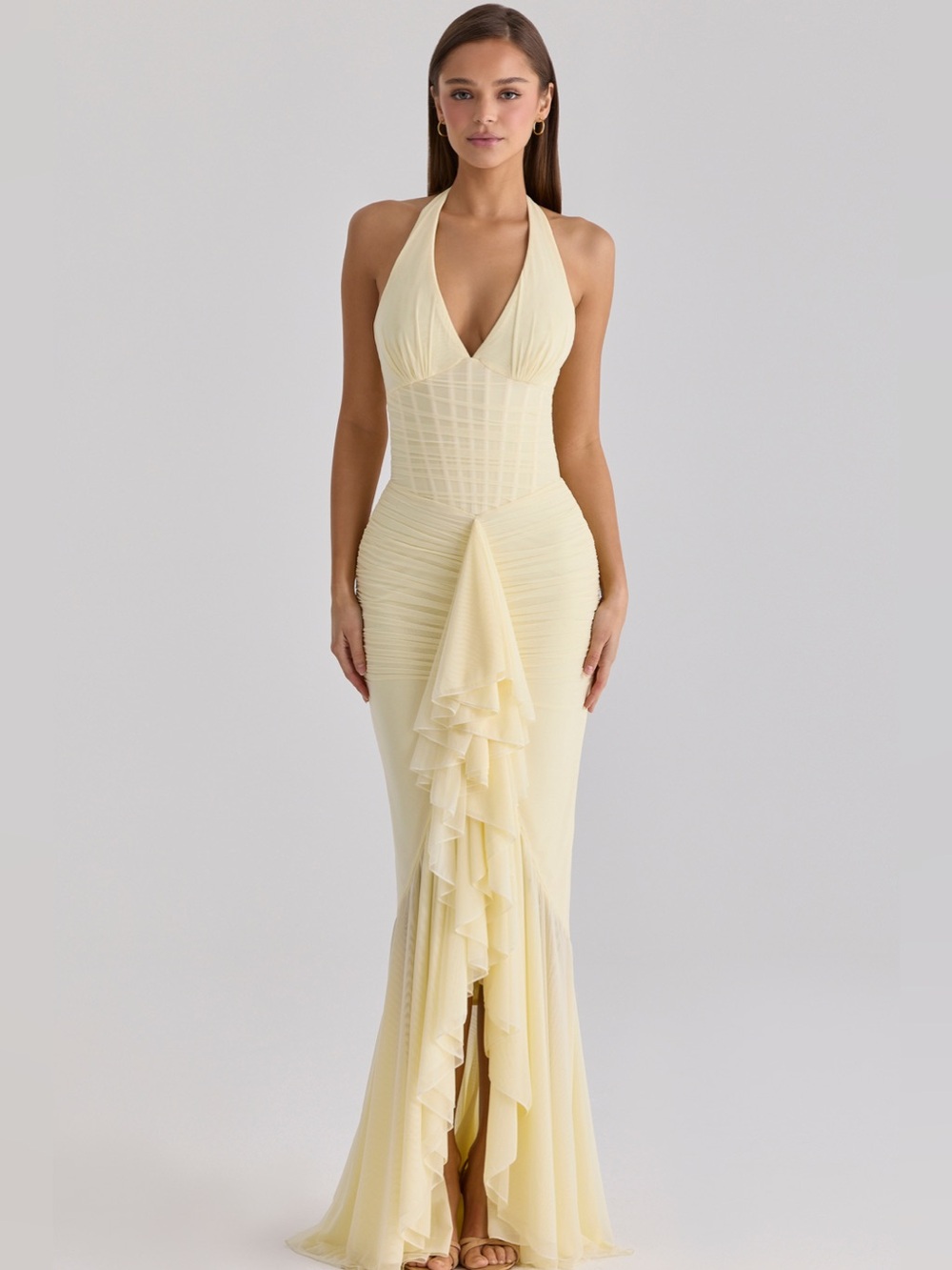 House Of CB Carmine Lemon Mesh Silhouette Maxi Dress